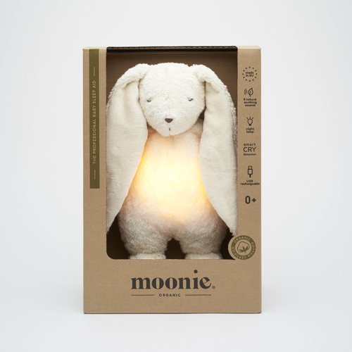 MOONIE 2.0 - szumiący króliczek organic z lampką, polar