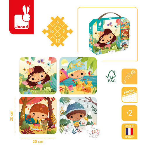 Janod - Puzzle progresywne w walizce Pory roku 4 układanki – 6, 9, 12 i 16 elementów 2+