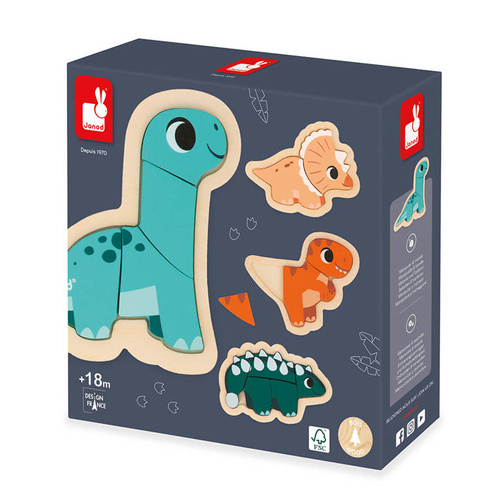 Puzzle progresywne drewniane Dinozaury 4 układanki – 2, 3, 4 i 5 elementów 18 m+, Janod